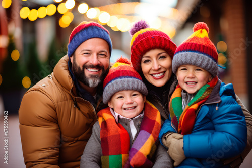 Joyful Family Portrait: Father and mother with their kids, all smiling happily in front of Christmas lights in outdoors