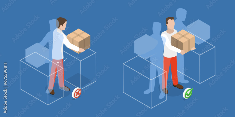 3D Isometric Flat Vector Illustration of Load Handling In Workplace, Safe Way of Manual Lifting of Weights - obrazy, fototapety, plakaty 