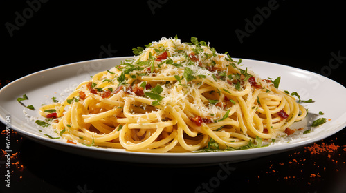 A photograph of Spaghetti Aglio e Olio, masterfully prepared with top-quality ingredients