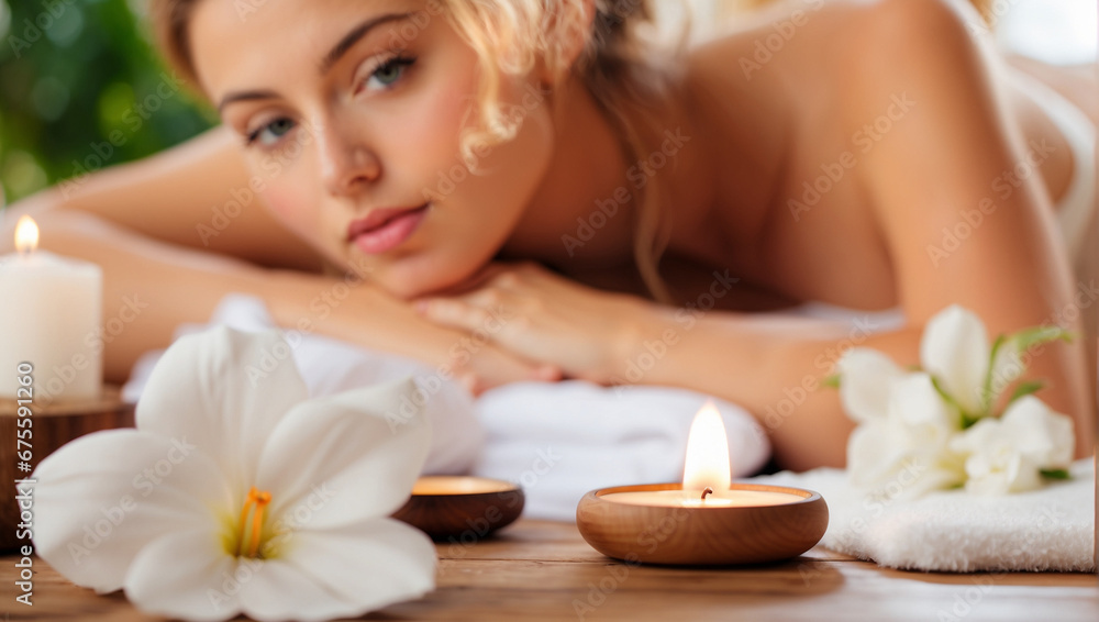 Naklejka premium spa equipment on blurred background of young beautiful woman in spa environment