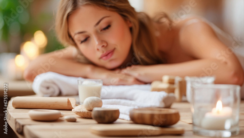 spa equipment on blurred background of young beautiful woman in spa environment