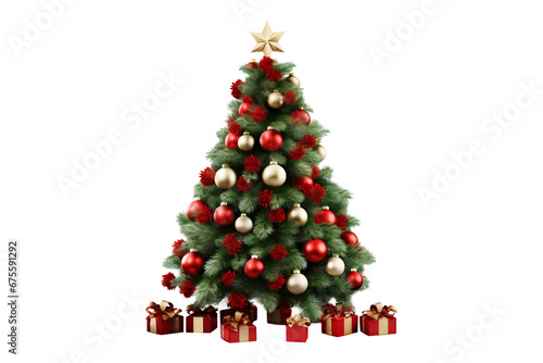 Christmas tree (PNG) isolated on a transparent background, red and white round baubles ornaments hanging with a a golden star at the top, Gift Boxes on ground