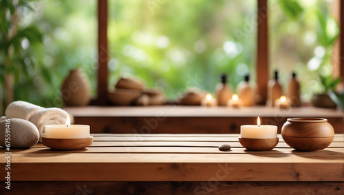 empty wooden desk with blurred background of spa environment