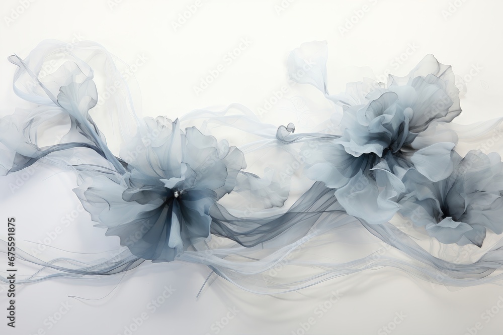 An abstract background image crafted for creative content, featuring ethereal gray flowers enveloped in wisps of smoke, offering a unique and artistic backdrop. Photorealistic illustration - obrazy, fototapety, plakaty 