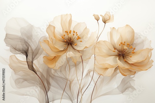 An abstract background image intended for creative content, featuring translucent flowers against a white background, offering an ethereal and visually intriguing canvas. Photorealistic illustration