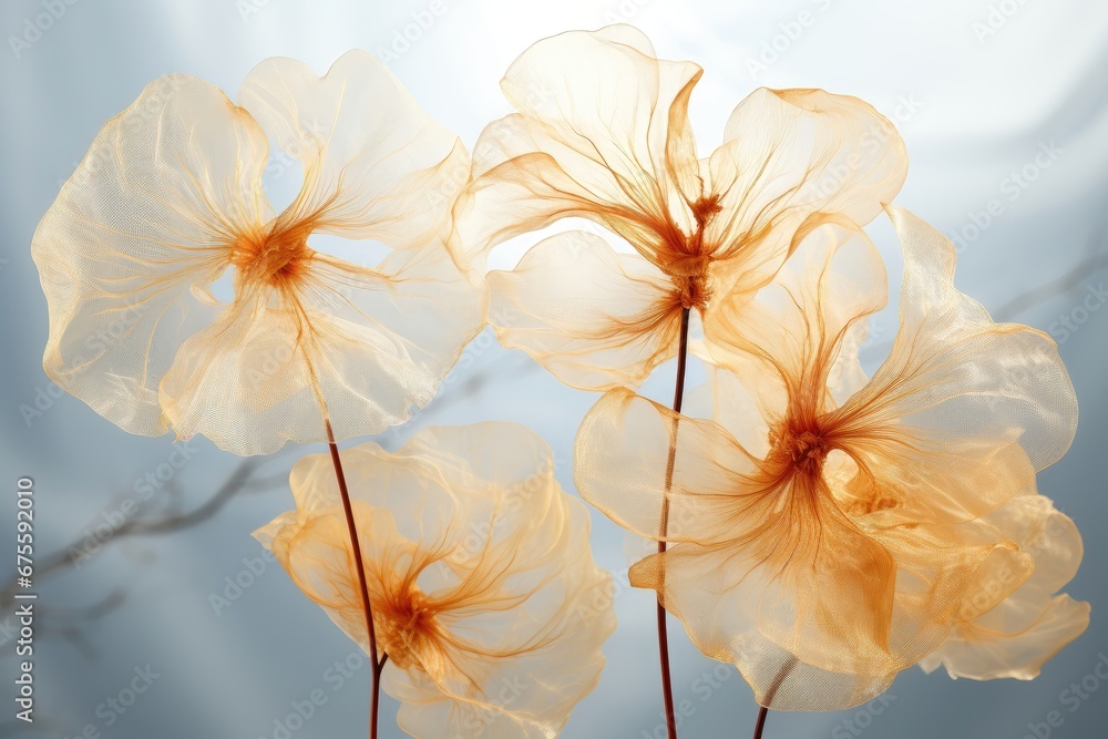 An abstract background image for creative content, featuring transparent yellow flowers, providing an ethereal and visually captivating canvas for artistic expression. Photorealistic illustration