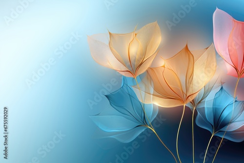 An abstract background image for creative content  displaying colorful transparent flowers with ample room for customization  offering a versatile and adaptable canvas. Photorealistic illustration