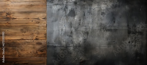 An abstract background image for creative content in wide format  showcasing a close-up view of the meeting point between a wood wall and concrete. Photorealistic illustration