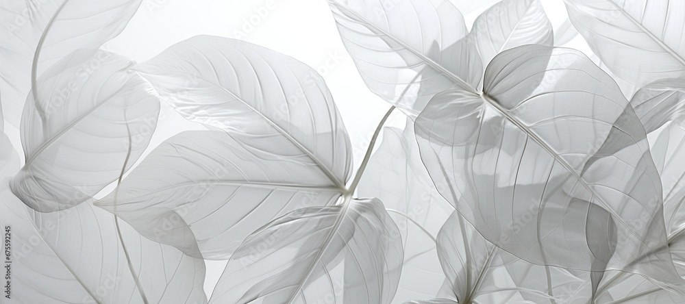 An abstract background image in wide format, featuring clear leaves, providing a canvas for artistic expression with a sense of delicacy and transparency. Photorealistic illustration