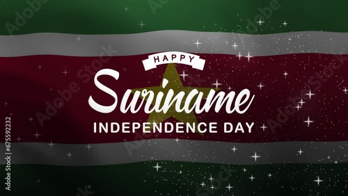 Happy Suriname Independence Day Lettering Text Animation with waving flag background. Celebrate Suriname National Day on 25th of November. Great for celebrating Suriname Day. photo