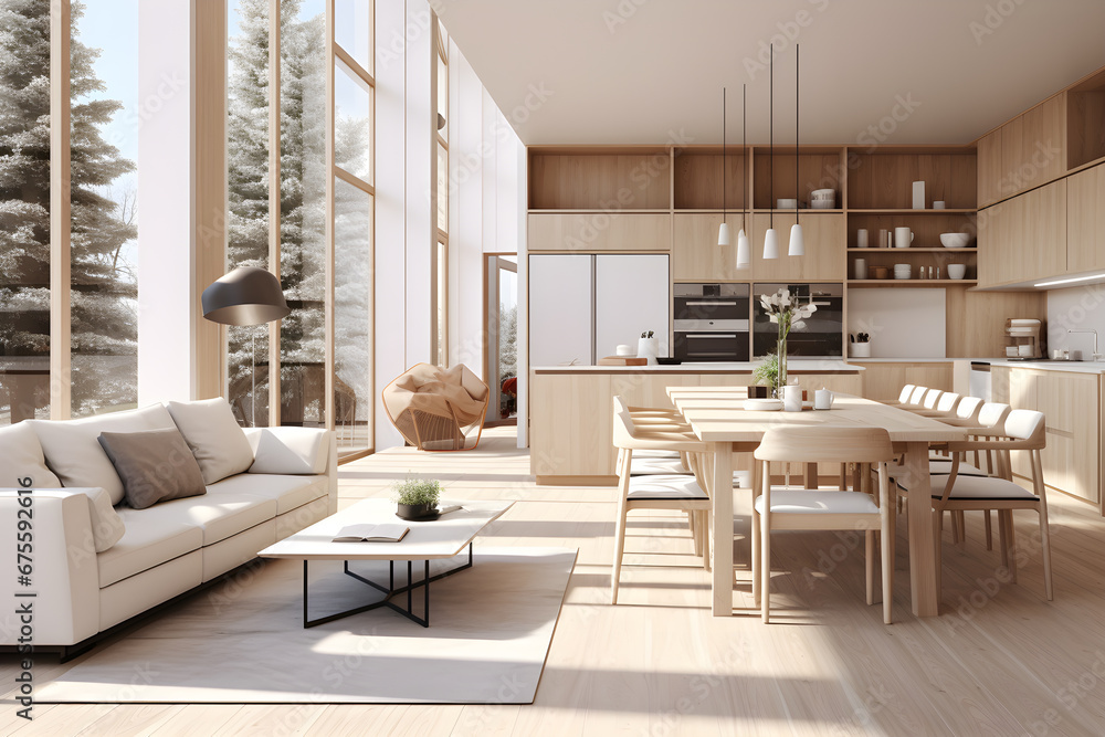 Modern white living room with open plan kitchen and dining area, in the style of sunrays shine upon Modern white living room with open plan kitchen and dining area, in the style of sunrays shine upon