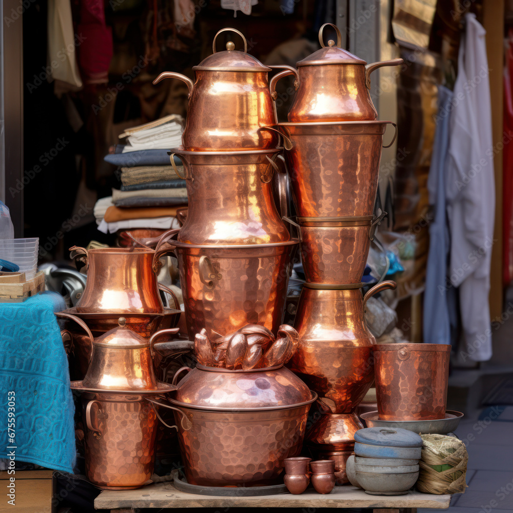 iran stack of copper kettles outside store. iran stack of copper kettles outside store.