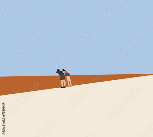 Man and woman standing on rooftop building and looking down to city street. In the background cloudless blue sky on a sunny day