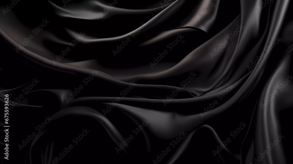 Fototapeta premium Luxury silk black fabric textile with shiny liquid wave curve background.