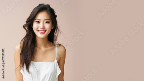 Asian woman model wear a white sundress isolated on pastel background