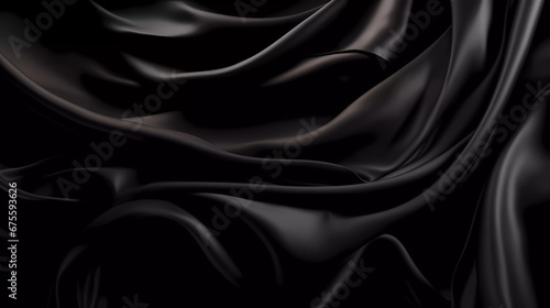 Luxury silk black fabric textile with shiny liquid wave curve background.
