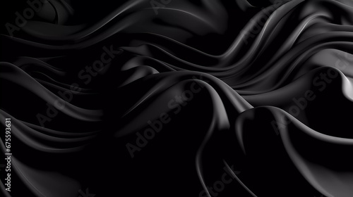 Luxury silk black fabric textile with shiny liquid wave curve background.
