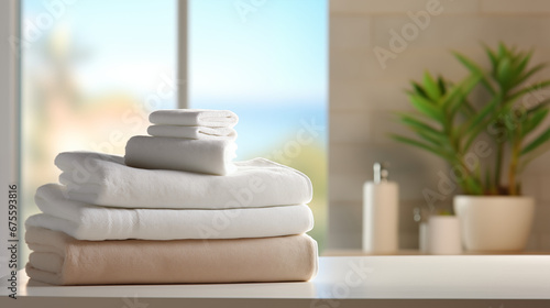 podium for product display Soap dispenser and spa towel blurred bathroom background photo
