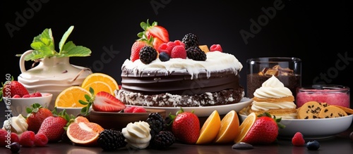 In a white isolated room with a background of green the bakery displayed a variety of desserts including a delicious chocolate cake adorned with strawberries orange slices and pink fruits