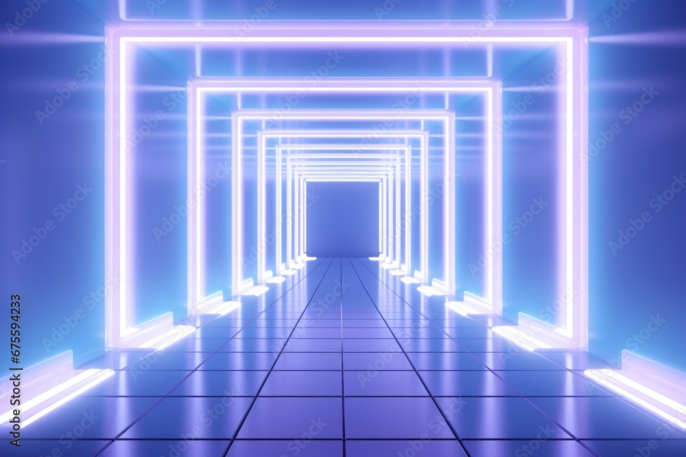 Long empty corridor with neon lights. Background with selective focus and copy space Long empty corridor with neon lights. Background with selective focus and copy space