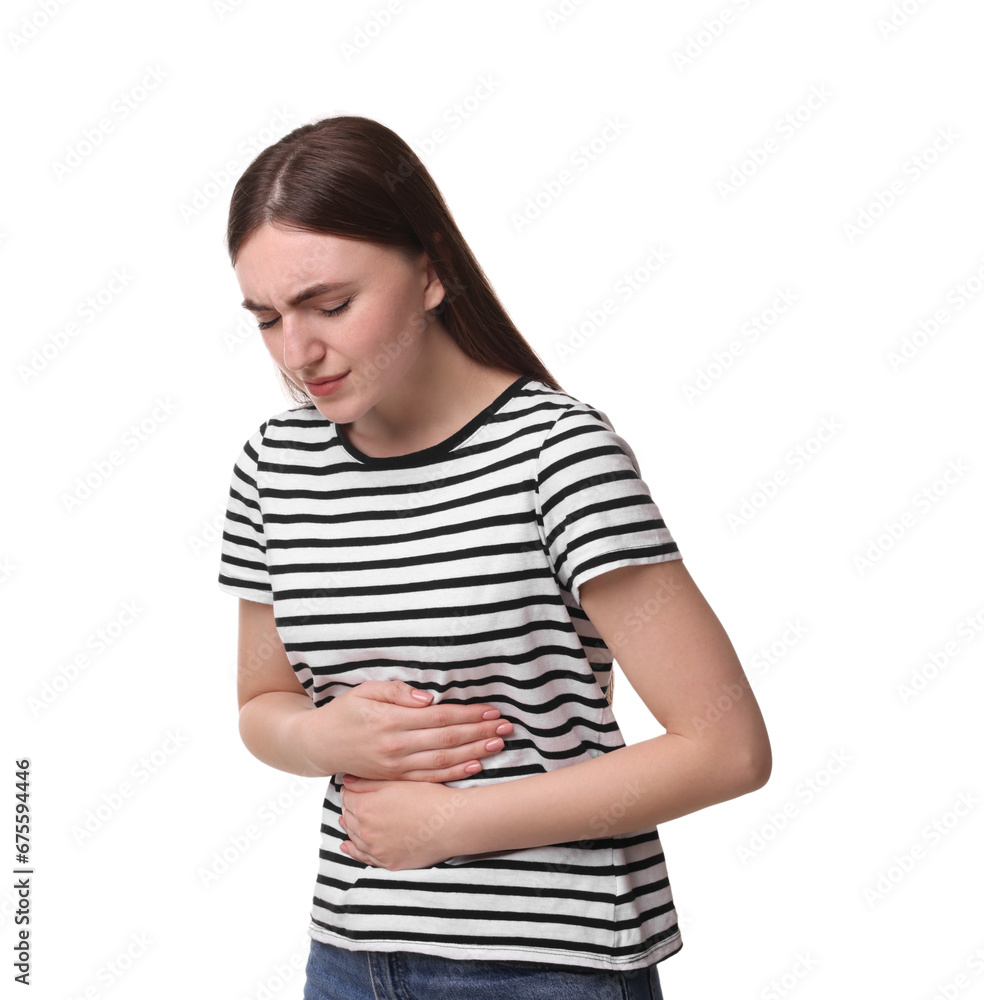 Young woman suffering from stomach pain on white background Young woman suffering from stomach pain on white background
