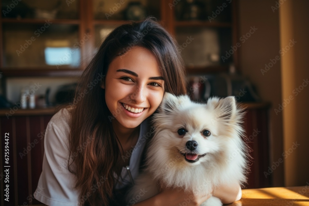 The woman is a professional veterinarian. Top professions concept. Portrait with selective focus and copy space