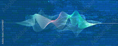 Blue banner. Dynamic lines. Abstract background with brick texture and waves.