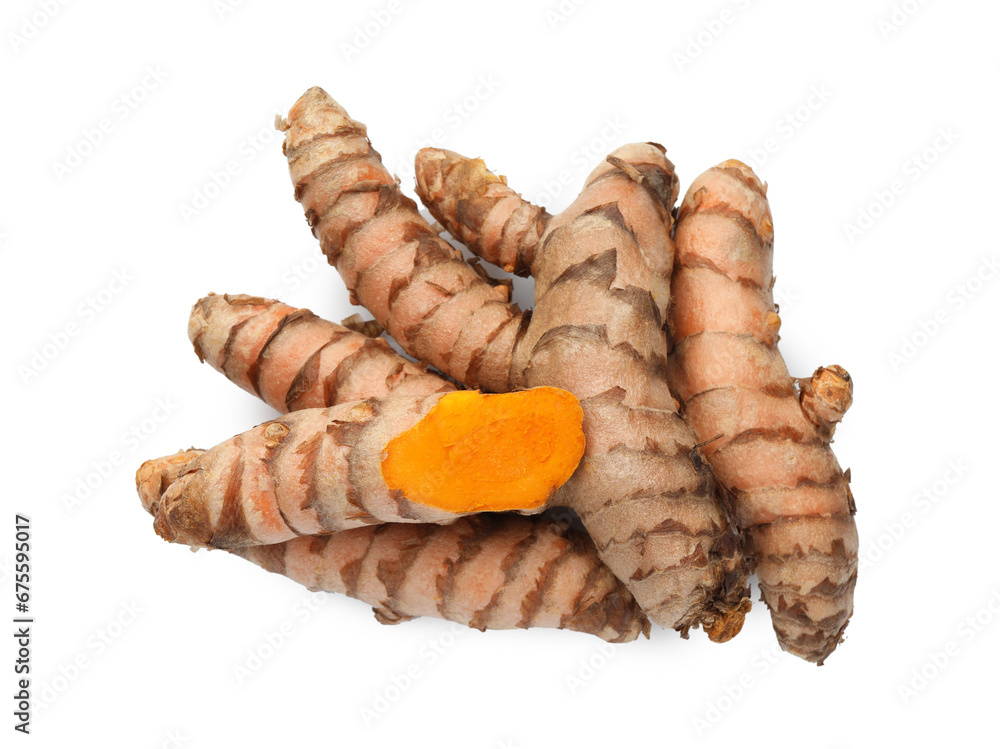 Fresh turmeric roots isolated on white, top view Fresh turmeric roots isolated on white, top view