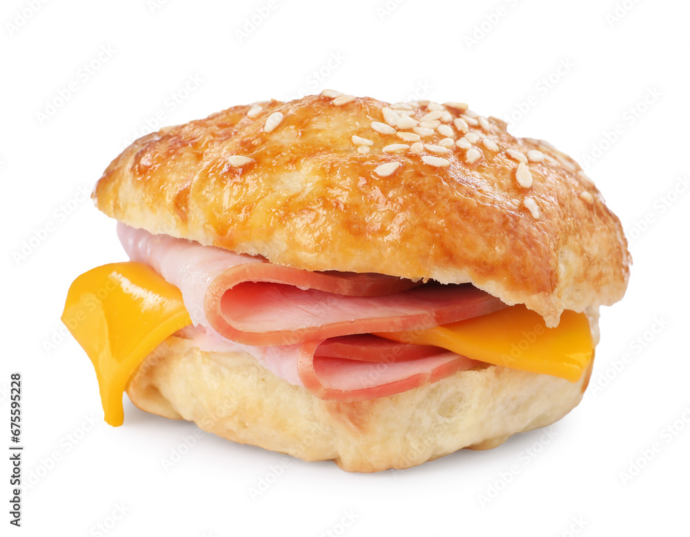 Delicious bagel with ham and cheese isolated on white Delicious bagel with ham and cheese isolated on white