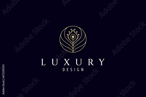 Peacock feather logo with gold line art style vector design template