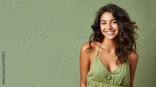 Indian woman model wear green sundress isolated on pastel background