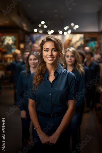 Portrait of a girl at her workplace. Generative AI image.