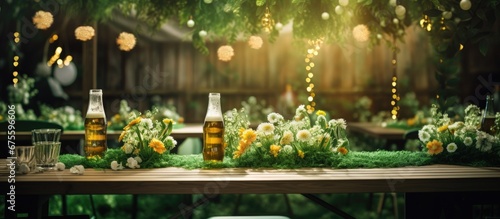 In the background of a summer party an isolated spot was adorned with white and green decorations where guests enjoyed sipping on cold beers from glass bottles relishing the refreshing colo photo