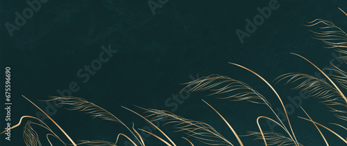 Botanical art background with hand drawn grass in gold color. Vector floral dark banner for decoration, wallpaper, print, textile, invitations, packaging, interior design.