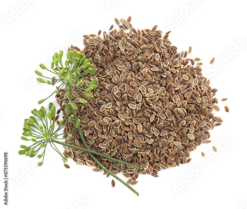 Heap of dry seeds and fresh dill flowers isolated on white, top view