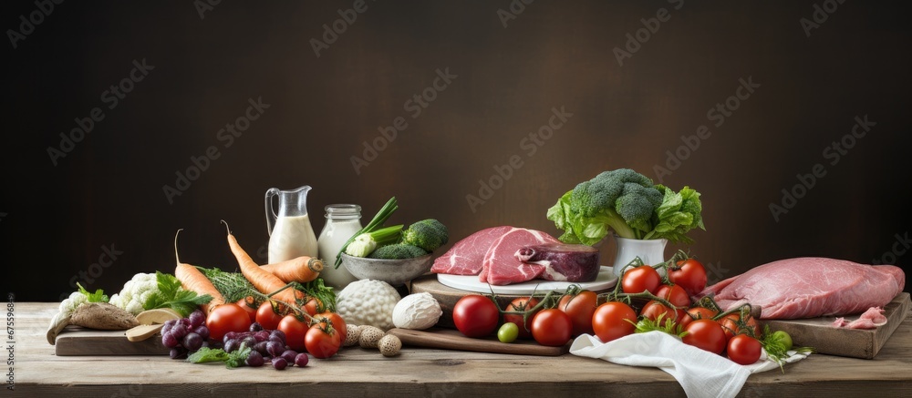 The white table set against a wooden background was adorned with a variety of healthy and organic ingredients such as fresh vegetables and lean meats offering a visually appealing and nutri