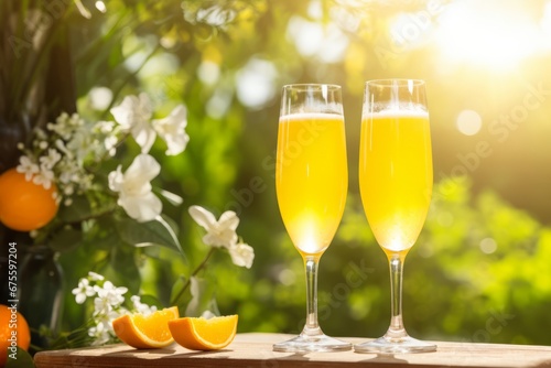 A Festive Mimosa Cocktail Served on a Rustic Wooden Table in a Vibrant Summer Garden