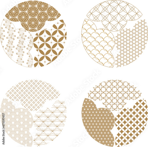 Japanese pattern vector. Fan shape. Gold geometric background