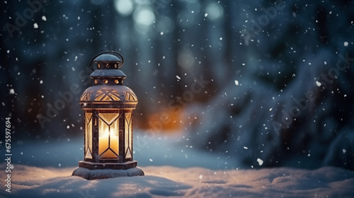 glowing christmas lantern on snow