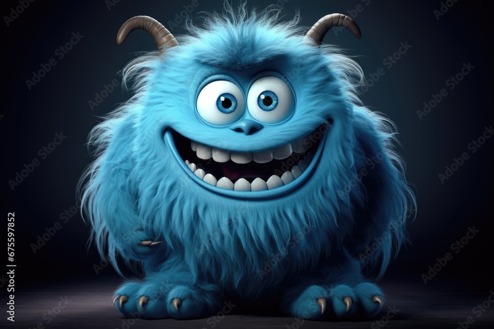 Funny, cute and furry blue monster. 3D cartoon character.