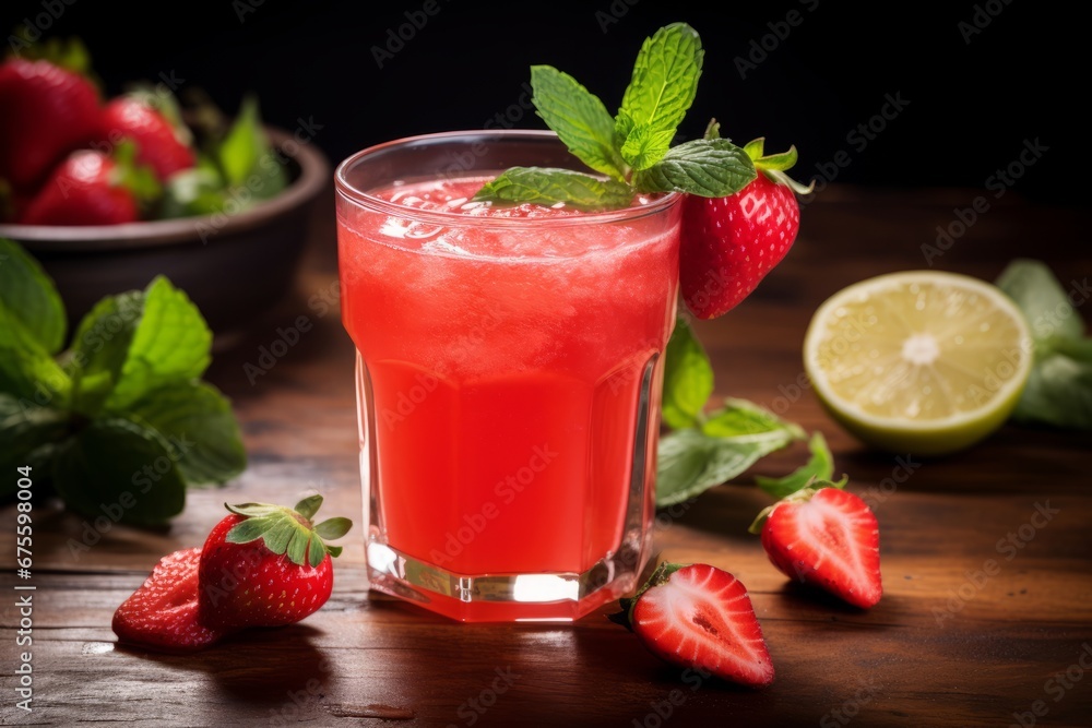 Enjoy the tropical flavors with this vibrant guava and strawberry nectar adorned with fresh mint Enjoy the tropical flavors with this vibrant guava and strawberry nectar adorned with fresh mint