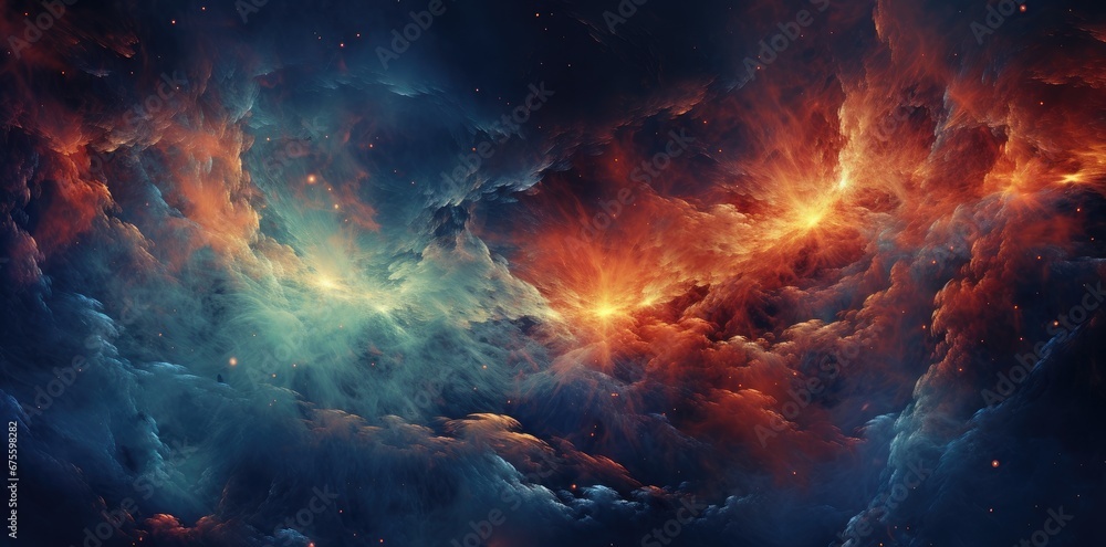 Illustration of a space cosmic background of supernova nebula and stars. Glowing mysterious universe.