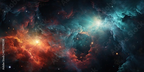 Illustration of a space cosmic background of supernova nebula and stars. Glowing mysterious universe.