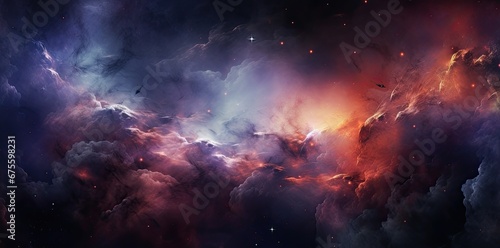 Illustration of a space cosmic background of supernova nebula and stars. Glowing mysterious universe.