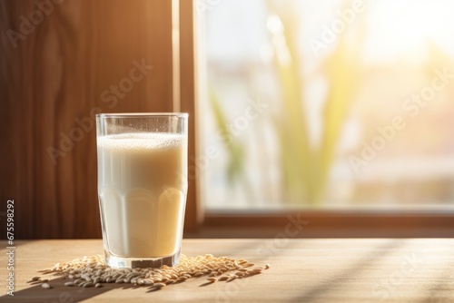 A glass of creamy oat milk basks in the soft morning light on a rustic table