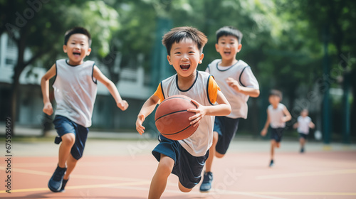 Elementary kids playing basketball on court. World basketball day concept photo