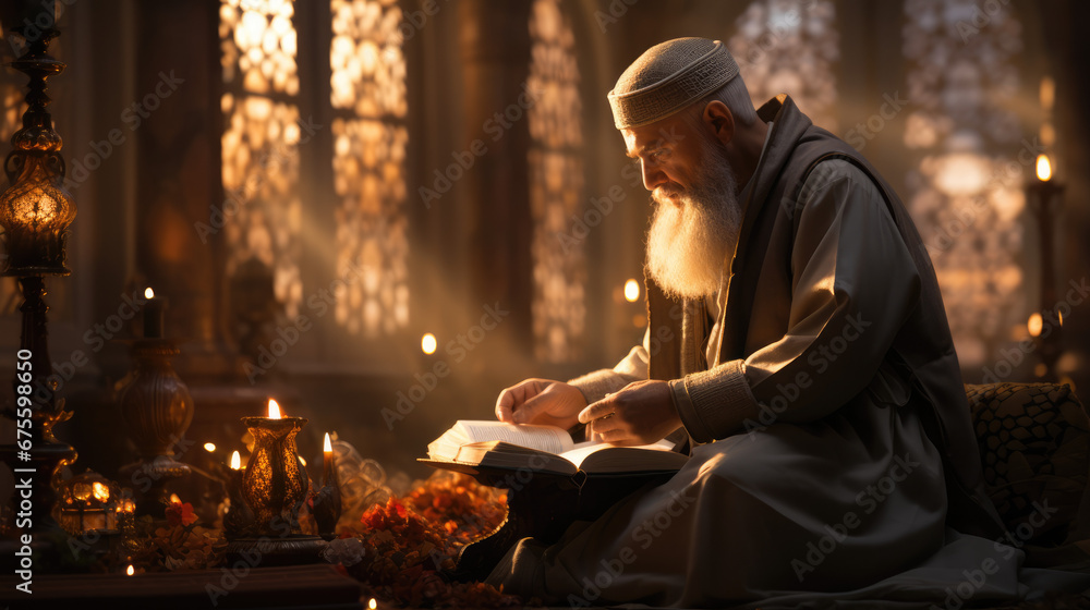 Fototapeta premium Divine Illumination. Light falling into the room in the mosque, illuminating a man in prayer. Spiritual serenity and devotion concept. 