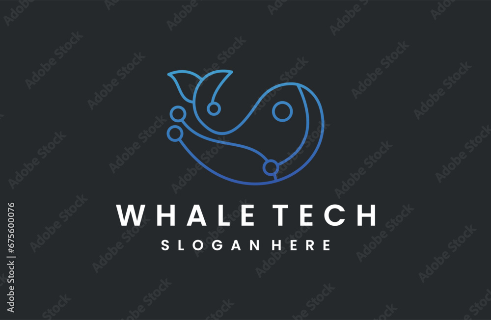 Whale Tech Logo . Abstract whale logo . Circle whale logo
