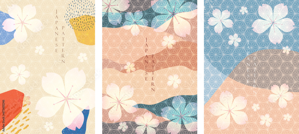 Floral pattern in Japanese style. Abstract art landscape with Asian traditional background elements. Cheery blossom flower decorations with hand drawn line wave and cloud in vintage style. 