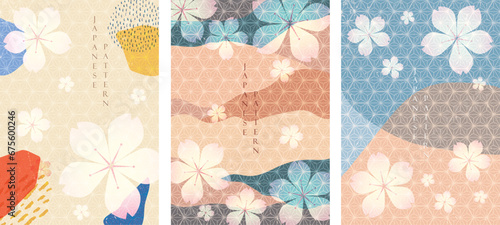 Floral pattern in Japanese style. Abstract art landscape with Asian traditional background elements. Cheery blossom flower decorations with hand drawn line wave and cloud in vintage style. 